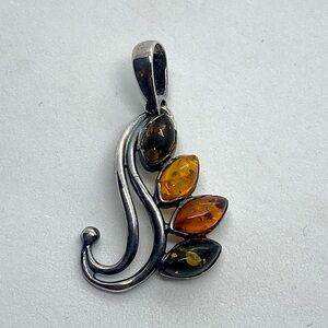 Vtg Baltic Amber Multi Colour Stone Sterling Floral Pendant 1.3”